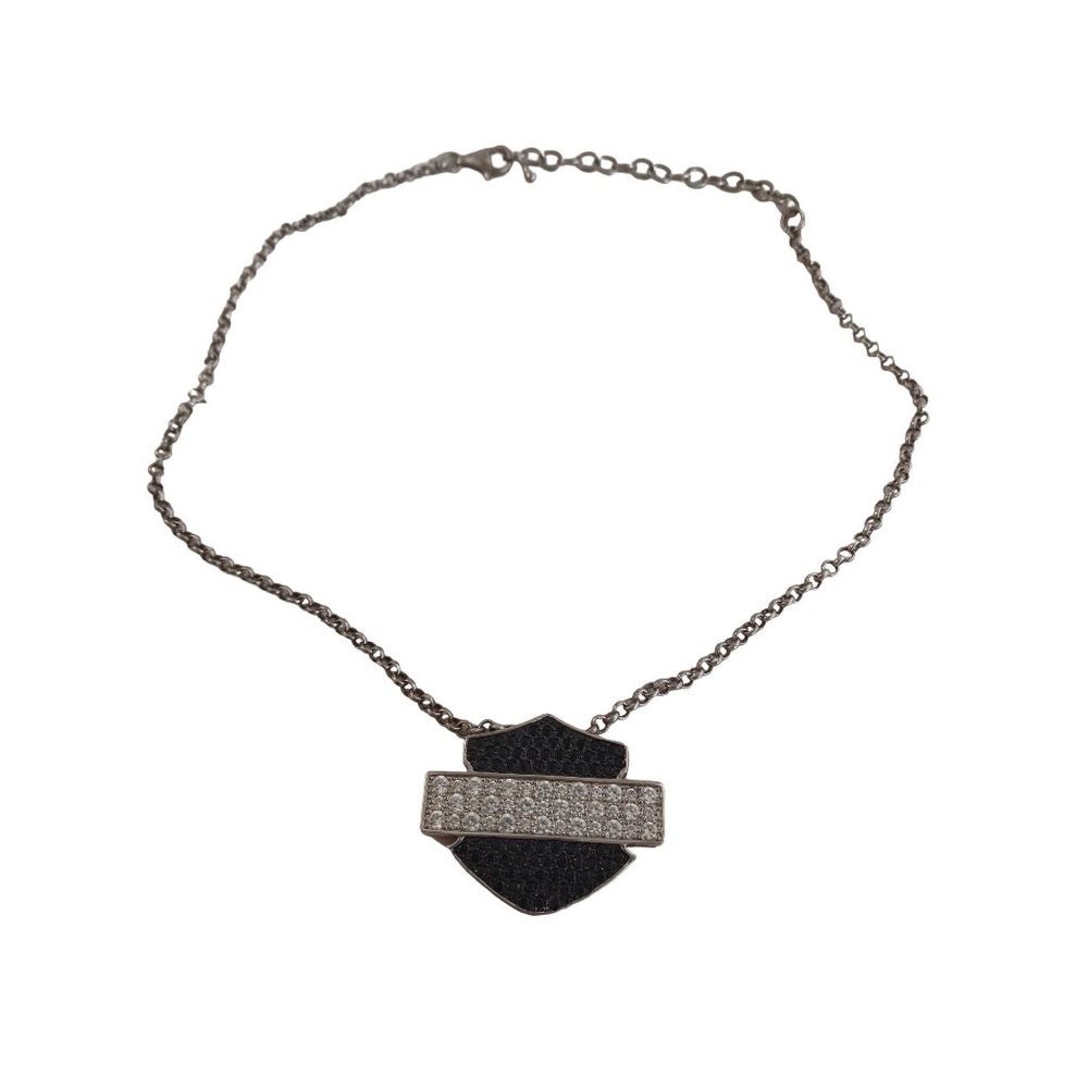 Vtg .925 Silver Black Crystal Studded Harley Davidson Emblem Necklace 19" Chain